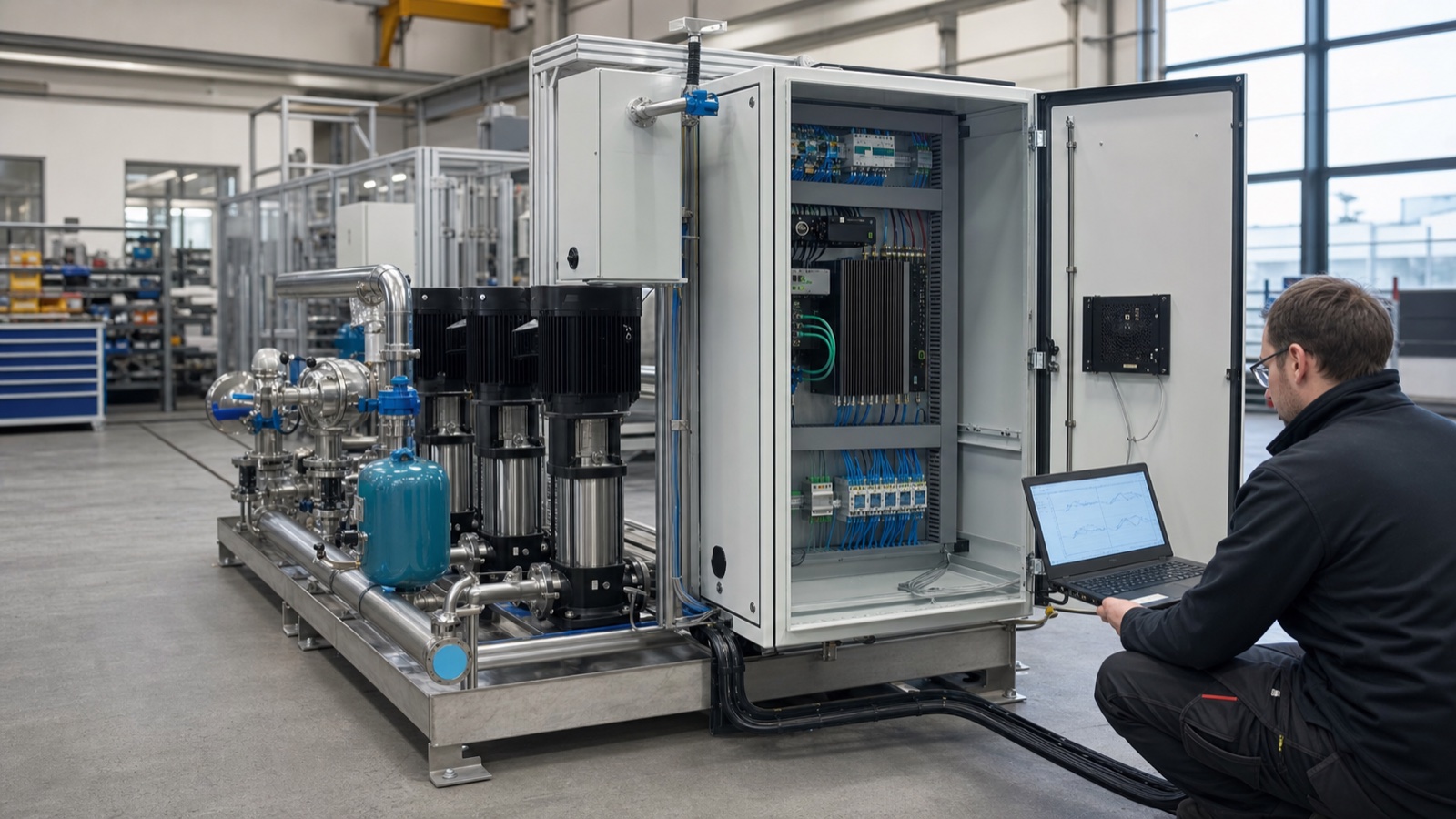 Engineer commissioning a compact pump skid beside its local industrial edge controller