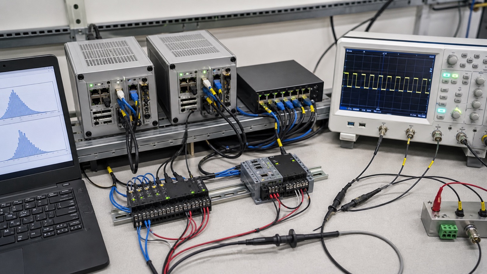 Industrial controller timing test bench with two controllers, I/O modules, oscilloscope, and jitter histograms