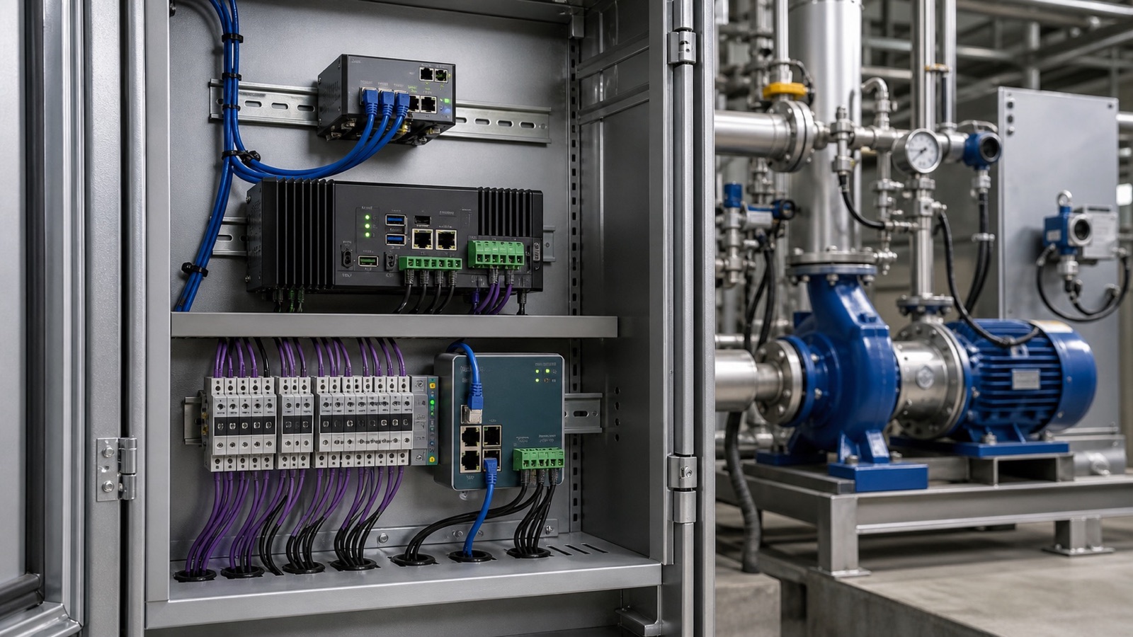 Industrial control cabinet showing Modbus field wiring, Linux gateway, Ethernet uplink, and a running pump