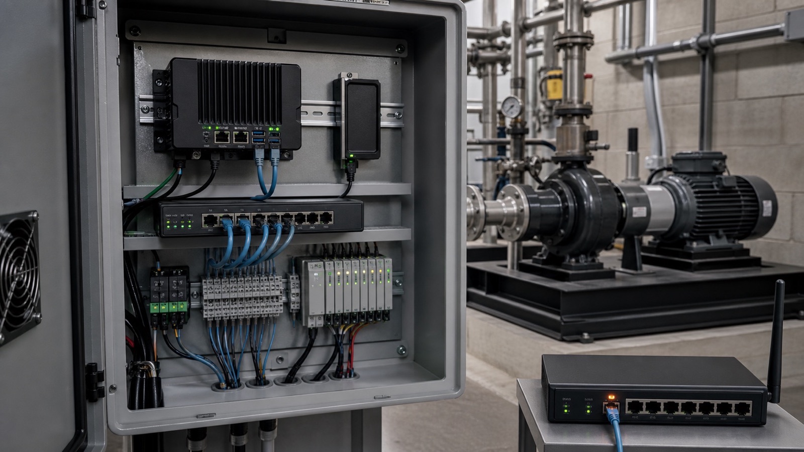 Industrial Linux controller and local storage inside a pump control cabinet while an uplink shows an interruption
