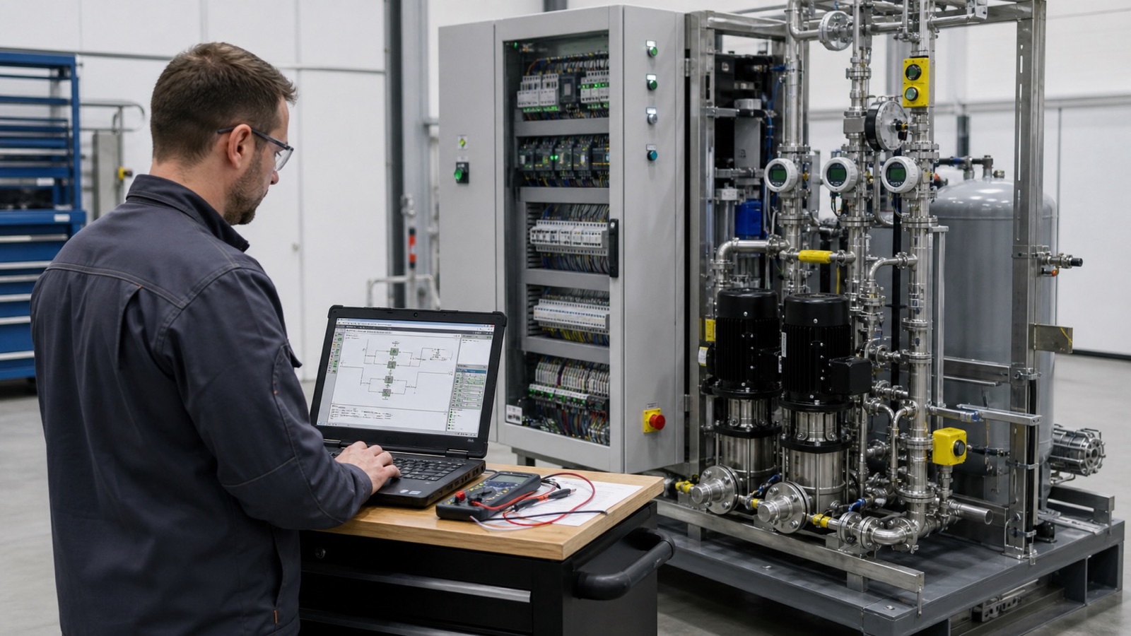 Automation engineer commissioning a pump skid from a rugged laptop beside its control cabinet