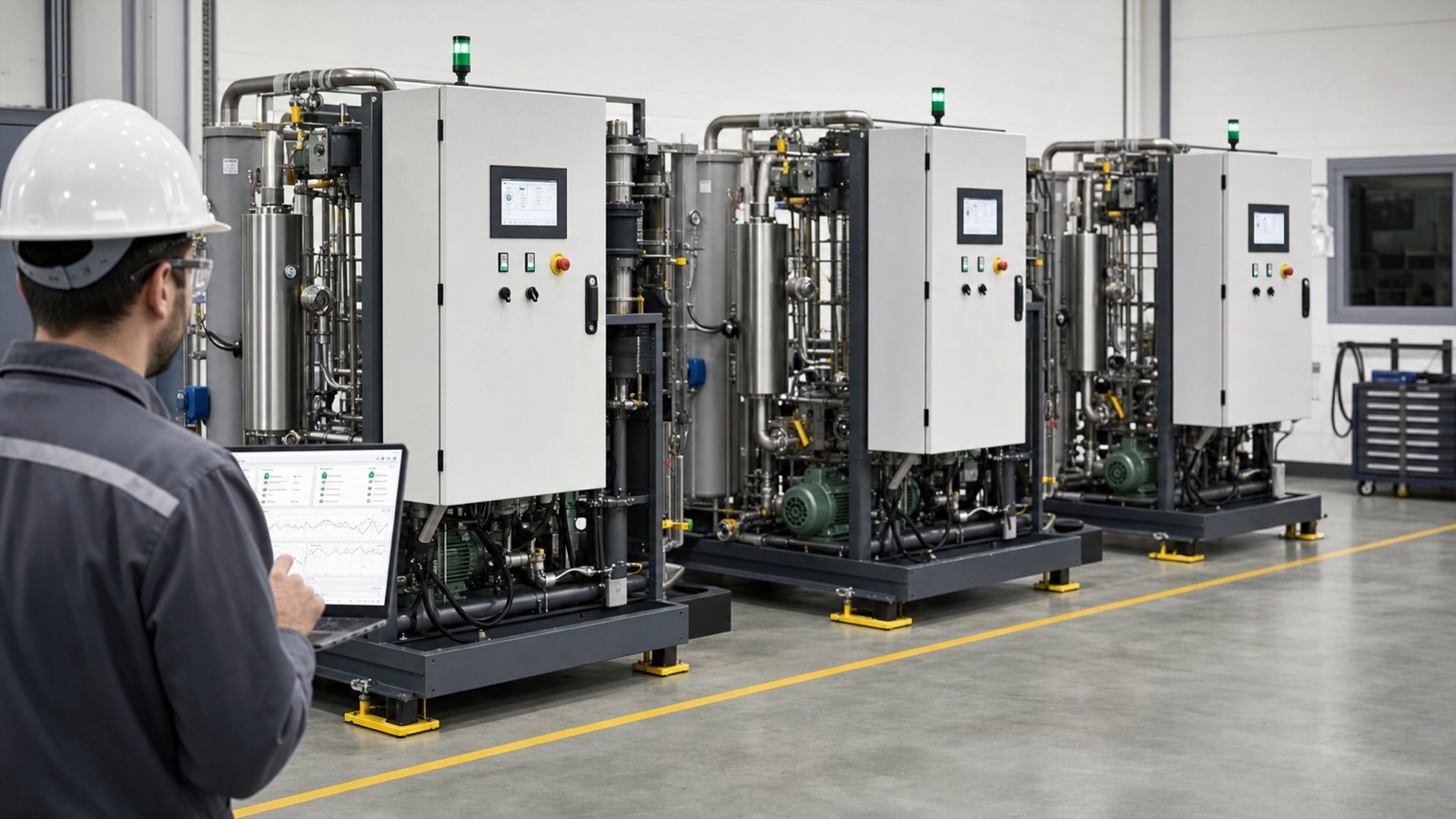 Engineer reviewing operating data for three compact process machines